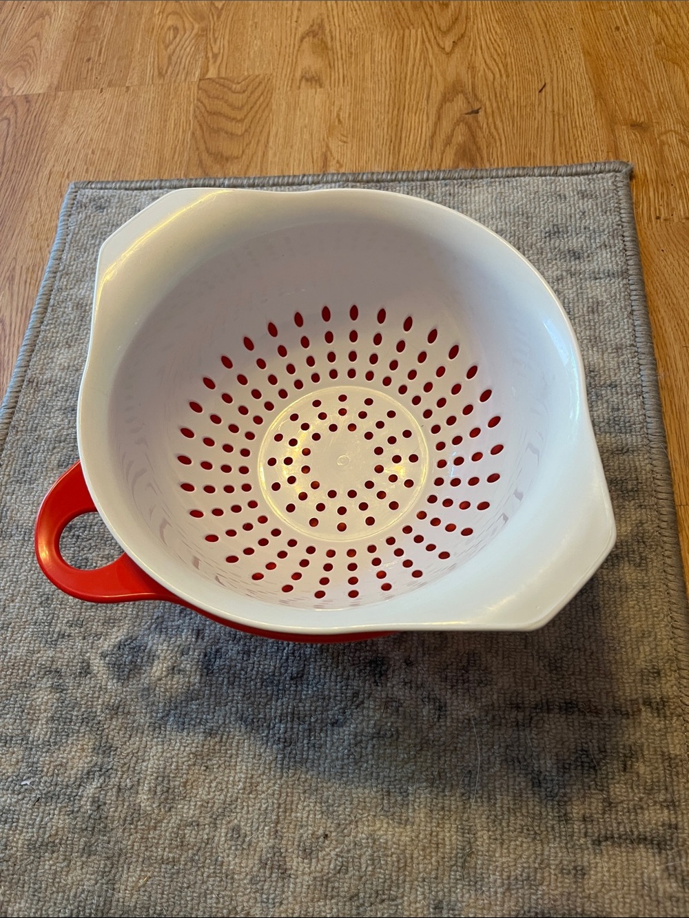 Tupperware Red  bowl (2.75) L with handle and White Plastic Colander .